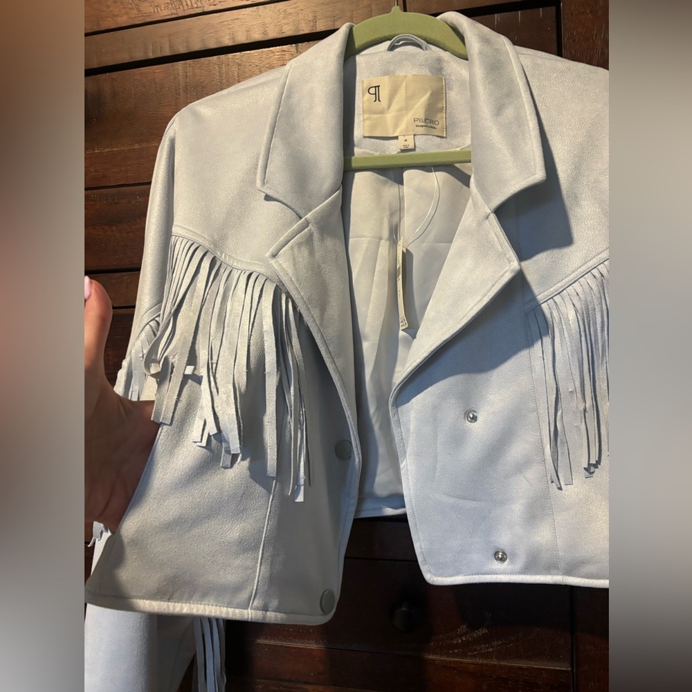 Pilcro Faux Suede Fringe Moto Jacket Wedgewood Blue Sz M - very Lt Blue NWT - Picture 4 of 15